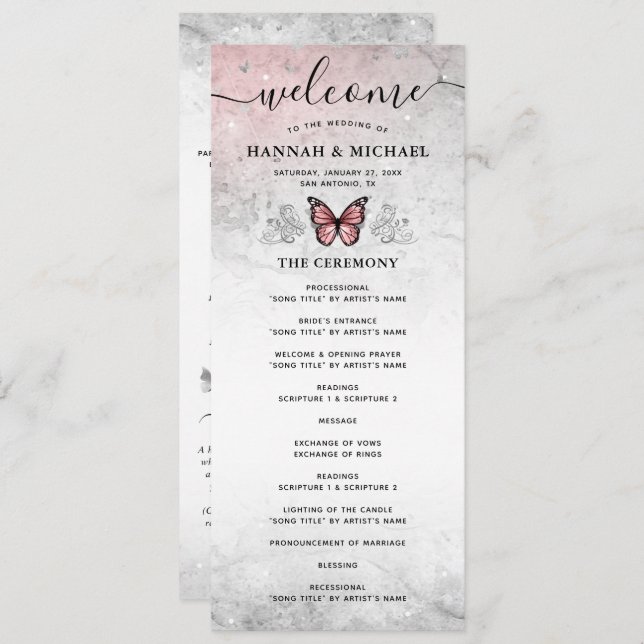 Silver and Pink Butterfly Wedding Programme (Front/Back)
