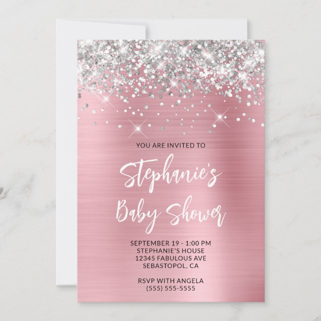 Silver and Pink Glam Online Registry Baby Shower Invitation (Front)