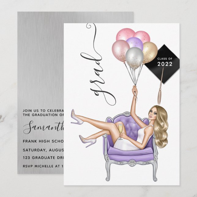 Silver and Purple Blonde Balloon Girl Graduation Invitation (Front/Back)