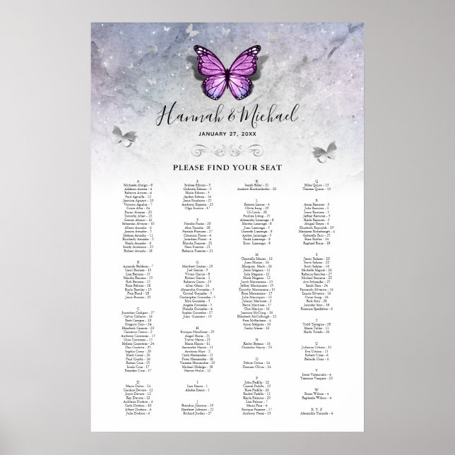 Silver and Purple Butterfly Wedding Seating Charts (Front)