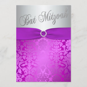 Silver and Purple Damask Bat Mitzvah Invitation