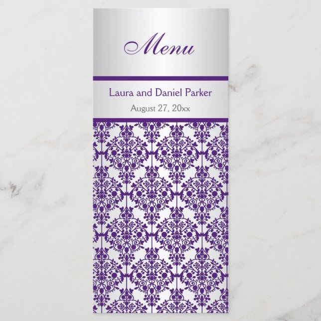 Silver and Purple Damask Menu Card (Front)