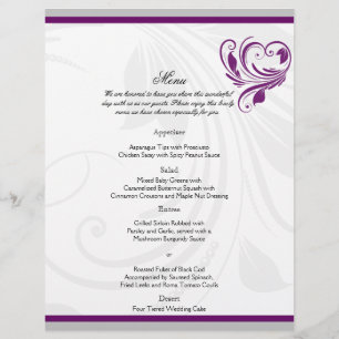 Silver and Purple Floral Heart Wedding Menu