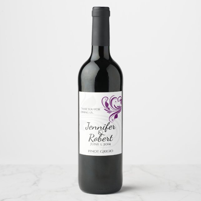 Silver and Purple Floral Heart Wine Label (Front)