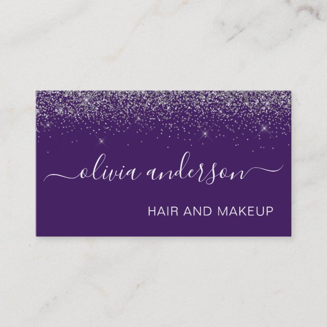 Silver and Purple Glitter Hair Makeup Salon Business Card (Front)