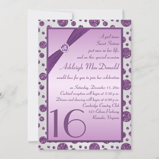 Silver and Purple Glitter Polka Dot Sweet Sixteen Invitation (Front)