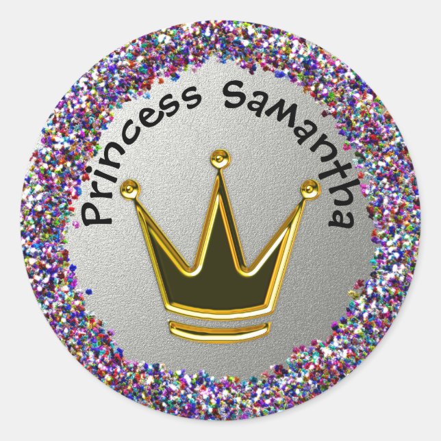 Silver and Rainbow Glitter Golden Crown Classic Round Sticker (Front)