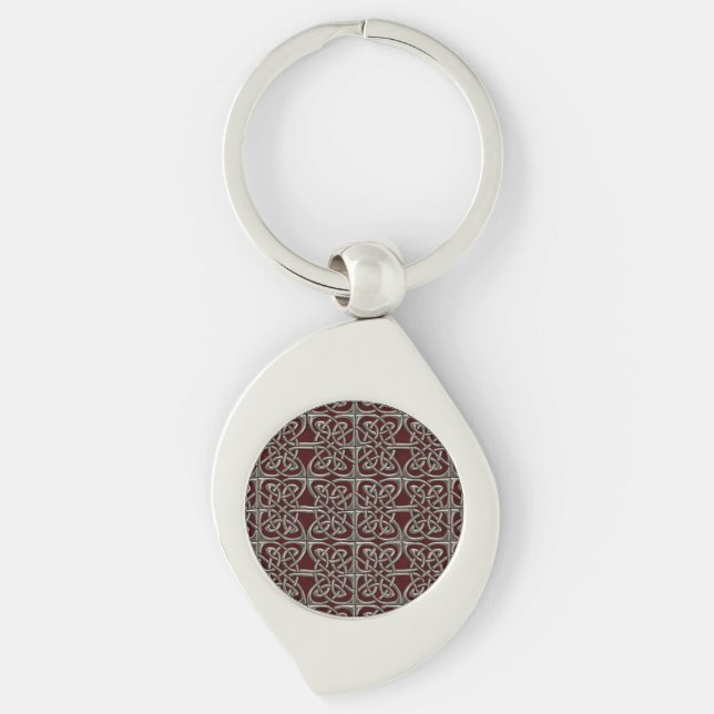 Silver And Red Connected Ovals Celtic Pattern Key Ring (Front)