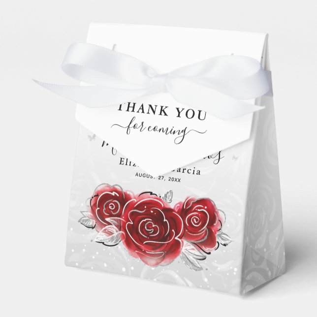 Silver and Red Rose Thank You Birthday Party Favour Box (Front Side)
