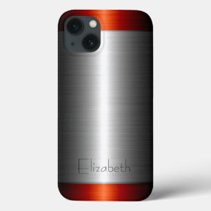 Silver and Red Stainless Steel Metal iPhone 13 Case