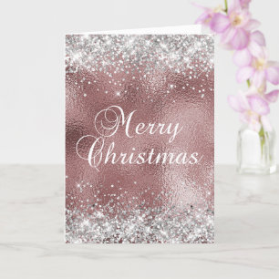 Silver and Rose Gold Sparkly Foil Merry Christmas Card