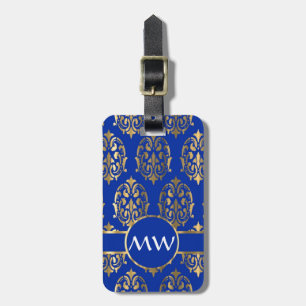Silver and royal blue damask monogram luggage tag