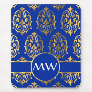 Silver and royal blue damask monogram mouse pad