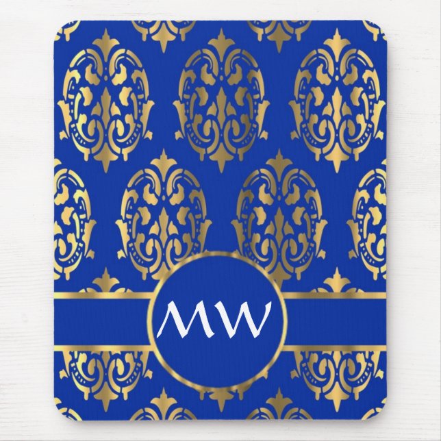 Silver and royal blue damask monogram mouse pad (Front)