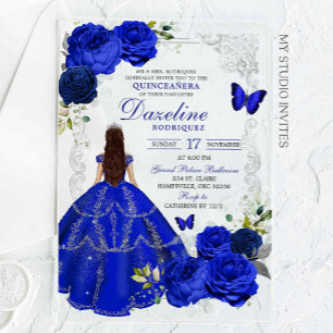 Silver and Royal Blue Princess Quinceañera Acrylic Invitations