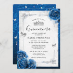 Silver and Royal Blue Roses Elegant Quinceanera Invitation<br><div class="desc">Create your own elegant royal blue and silver quinceanera invitations for your dream sweet 15 birthday party, wedding, or other special celebration. The beautiful floral design incorporates glitter silver butterfly confetti and royal blue watercolor roses illustrated by the artist Raphaela Wilson. The vintage dresses/gown border accents the white parchment paper...</div>