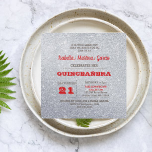 Silver and Ruby Red Sparkly Quinceañera Invitation