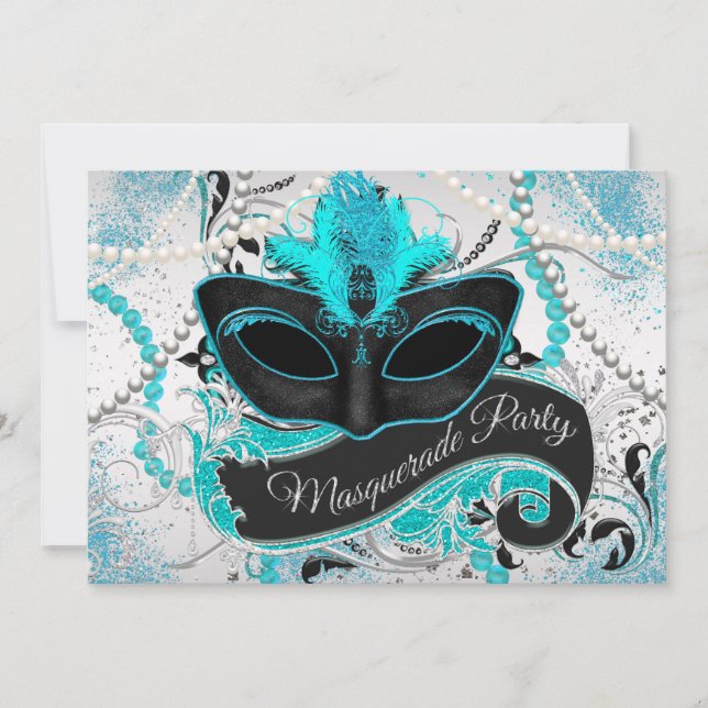 Silver and Teal Blue Masquerade Party Invitation (Front)