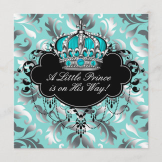 Silver and Teal Blue Prince Baby Boy Shower Invitation