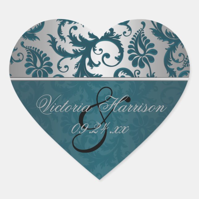 Silver and Teal Damask II Heart Shaped Sticker (Front)