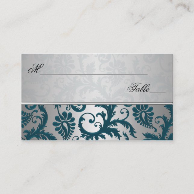 Silver and Teal Damask II Place Cards (Front)