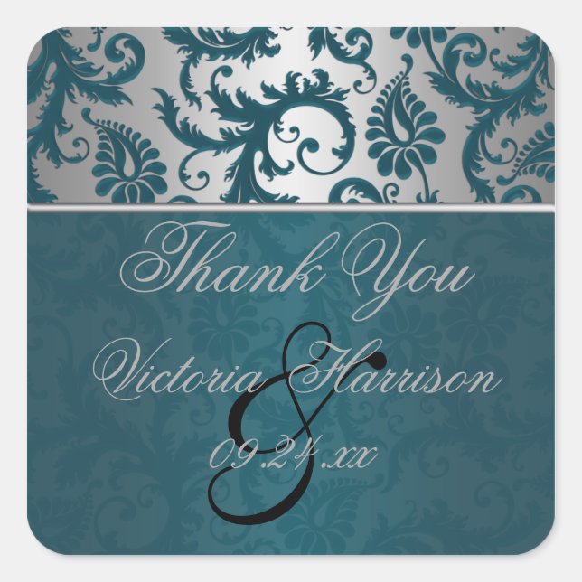 Silver and Teal Damask II Square Shaped Sticker (Front)