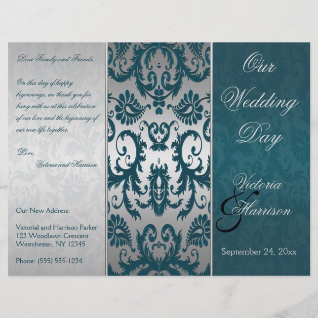 Silver and Teal Damask II Wedding Program (Front)