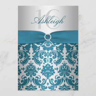 Silver and Teal Damask Sweet Sixteen Invitation