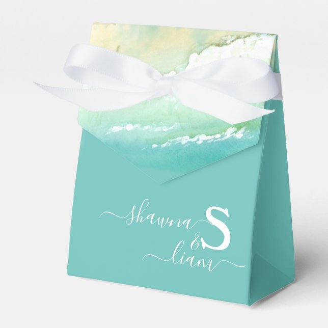 Silver and Teal Monogram Aqua Blue Ocean Favour Box (Front Side)