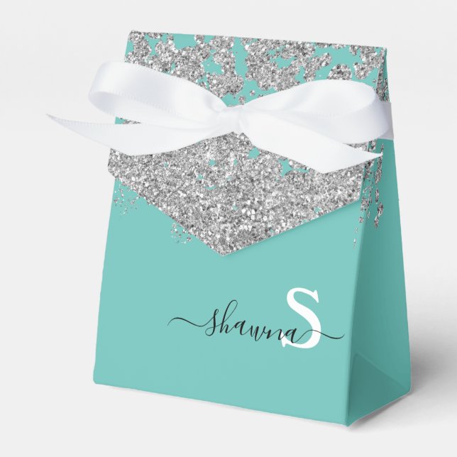 Silver and Teal Monogram Aqua Blue Sparkle Favour Box (Front Side)