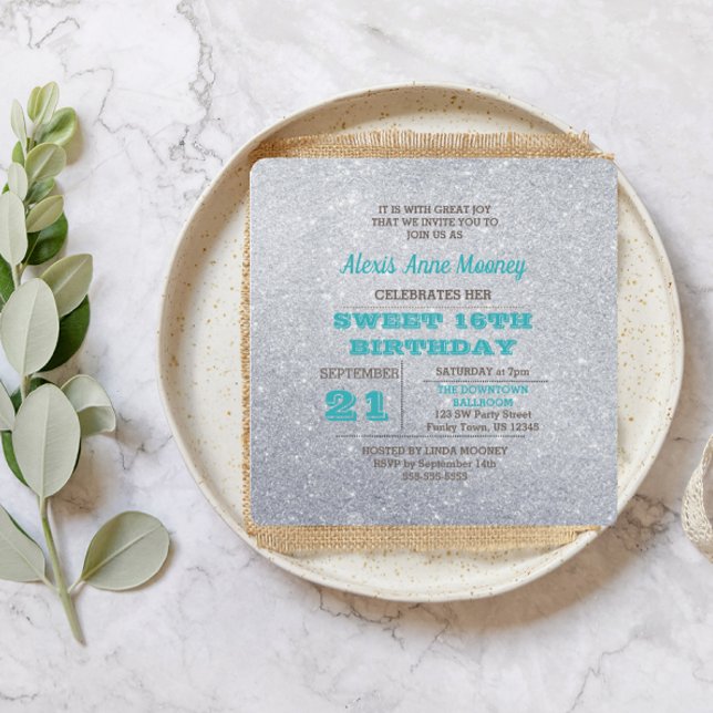 Silver and Turquoise Blue Glitter Sweet 16 Invitation (Creator Uploaded)