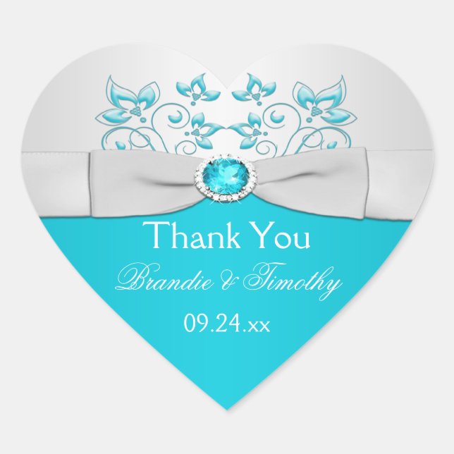 Silver and Turquoise Floral Wedding Favour Sticker (Front)