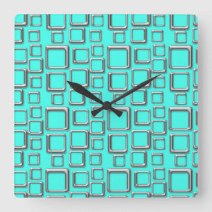 Silver and Turquoise Retro Pattern Square  Clock