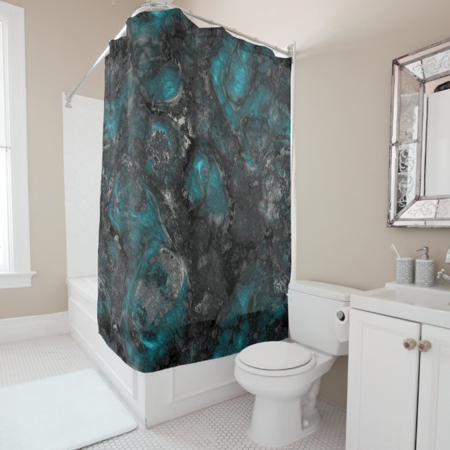 Silver and Turquoise Stone Abstract Shower Curtain (In Situ)