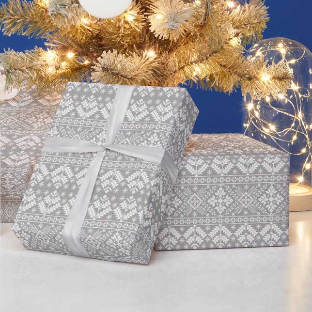 Silver and White Christmas Fair Isle Pattern Wrapping Paper (Holidays)