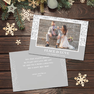 Silver and White Damask Christmas Photo Holiday Card