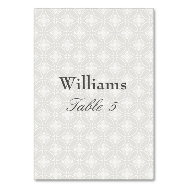 Silver and White Damask Print Pattern Table Number (Front)
