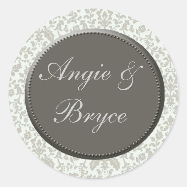 Silver and white damask wedding stickers (Front)