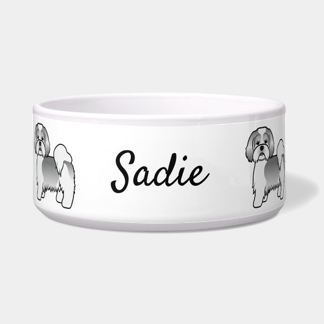 Silver And White Lhasa Apso Cartoon Dog & Name (Front)