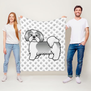 Silver And White Lhasa Apso Cute Cartoon Dog Fleece Blanket