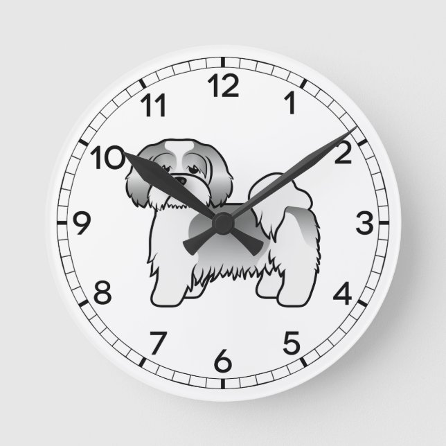 Silver And White Lhasa Apso Cute Cartoon Dog Round Clock (Front)