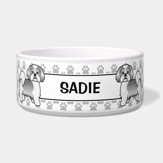 Silver And White Lhasa Apso Dog With Paws & Name (Front)