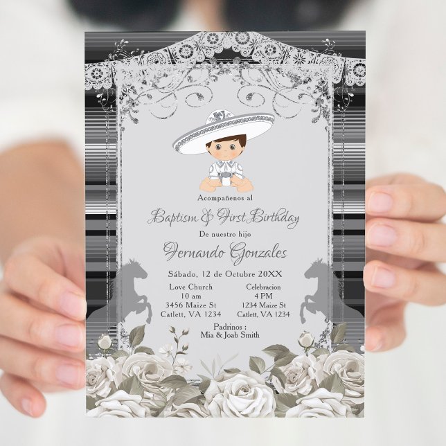 Silver and White Mexican Baptism & First Birthday Invitation (Creator Uploaded)