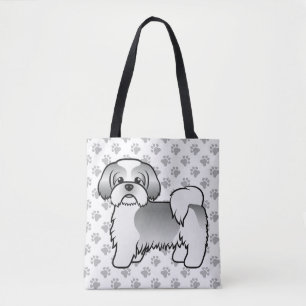 Silver And White Shih Tzu Cartoon Dog & Paws Tote Bag