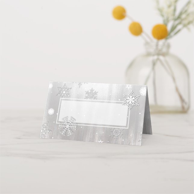 Silver and White Winter Wedding Folded Place Card (Front)