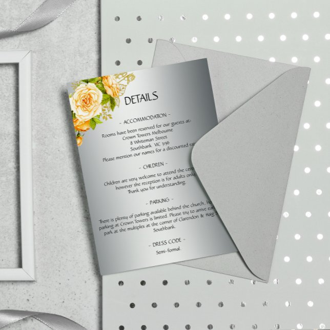 Silver and Yellow Roses Wedding Details Enclosure Card (Creator Uploaded)