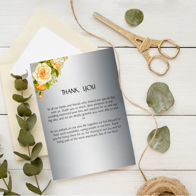 Silver and Yellow Roses Wedding Thank You Card (Creator Uploaded)