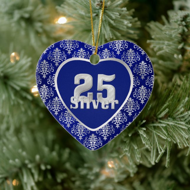 Silver Anniversary Damask on Blue Ceramic Tree Decoration (Tree)