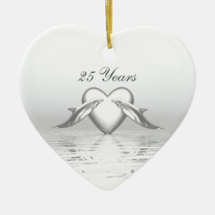 Silver Anniversary Dolphins and Heart Ceramic Tree Decoration