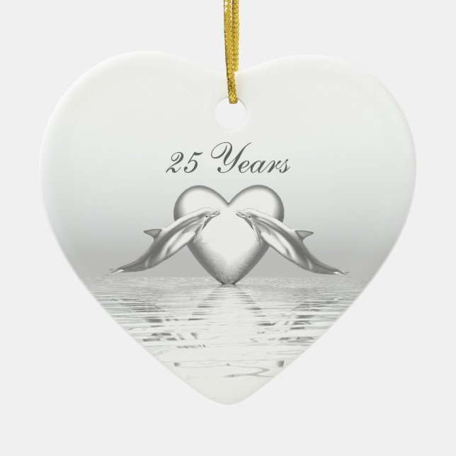 Silver Anniversary Dolphins and Heart Ceramic Tree Decoration (Front)
